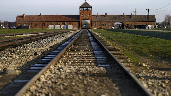 The gatehouse of the Nazi extermination and concentration camp Auschwitz-Birkenau in Brzezinka, Poland. 