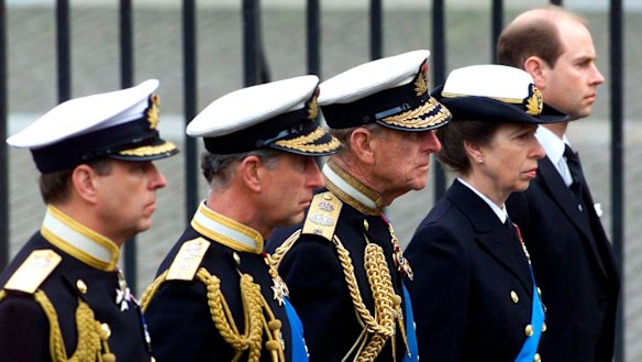 Prince Andrew, Prince Charles, Prince Philip, Princess Anne and Prince Edward at the Queen Mother’s funeral in 2002.