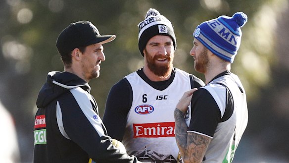 The Pies have had some good news on the injury front, with Tyson Goldsack (centre) and Jeremy Howe (right) progressing.