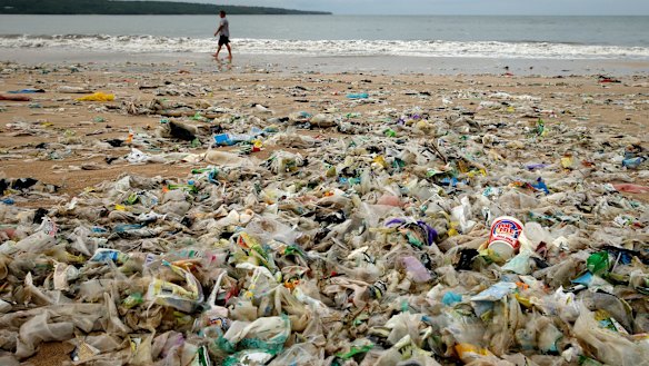 Plastic waste on the shore of Kedonganan Beach in Bali, Indonesia. 