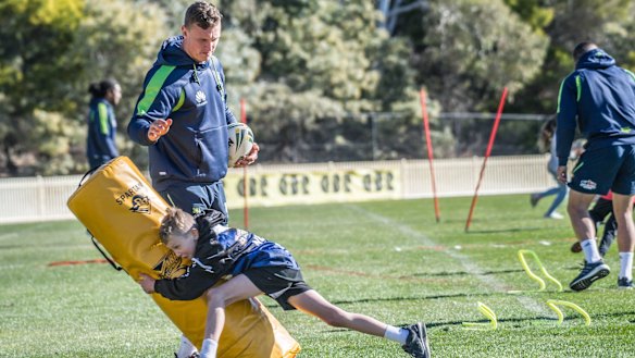 Jack Wighton at the Raiders' school clinic on Monday.