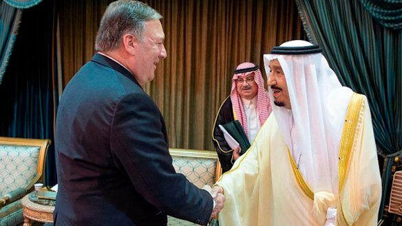 US Secretary of State Mike Pompeo, left, is greeted by Saudi King Salman in Riyadh, Saudi Arabia.