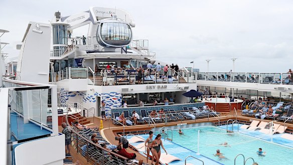 One of many pools on the pool deck of Royal Caribbean's 374-metre long Ovation of the Seas, which is the largest cruise ship in Australia.