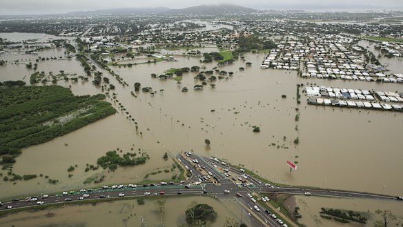 The aerial view of Townsville last Monday (Feburary 4) around the height of the flooding disaster.