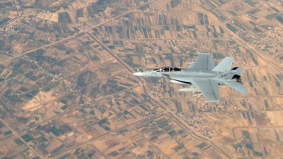 A Royal Australian Air Force F/A-18F Super Hornet over Iraq as part of Operation OKRA.