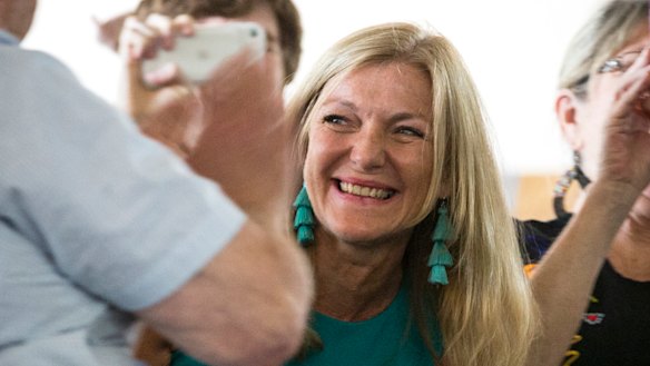Fiona Patten celebrates after retaining her Upper House seat. 