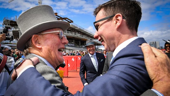 Lloyd Williams and Joseph O’Brien celebrate the 2017 Melbourne Cup win.