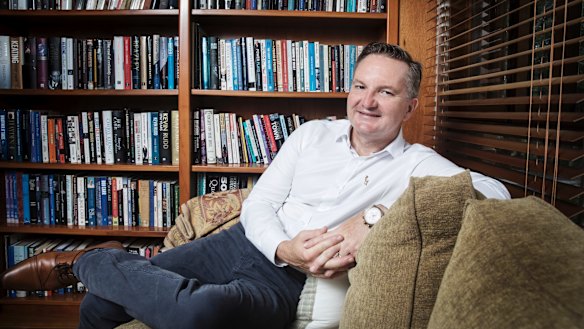 Shadow Treasurer Chris Bowen sits in his office in his Smithfield home in Sydney. 