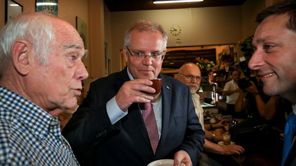 Scott Morrison and Matthew Guy with Pellegrini's co-owner Nino Pangrazio.