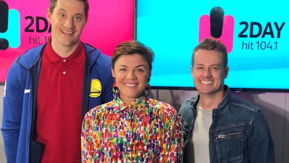 Em Rusciano, with 2DayFM co-hosts Ed Kavalee and Grant Denyer.