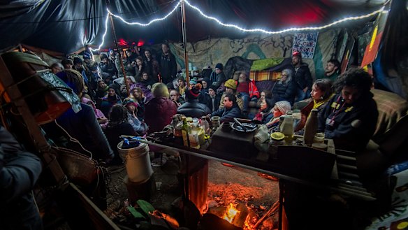 Protesters meeting to discuss what to do when police try to arrest them and remove them from the Djab Wurrung Embassy Camp.
