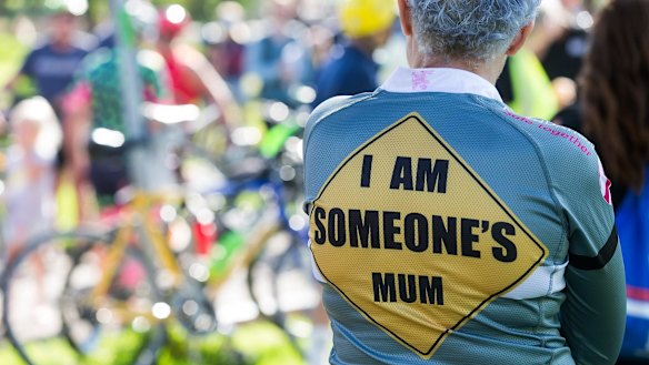 Participants are seen during the 'Ride for Arzu', a ride in memory of Melbourne mother Arzu who was killed while riding her bike on March 13, 2017.