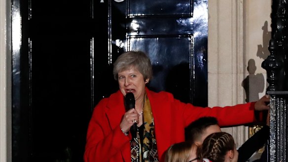 Britain's Prime Minister Theresa May attends the ceremony to light up a Christmas tree at 10 Downing Street in London, on Thursday.