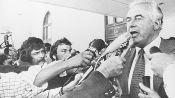 Maintain the rage: Whitlam addresses reporters on the steps of Parliament House after his dismissal.