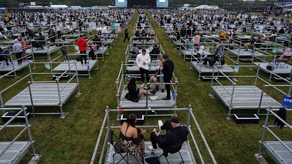 Fans in socially-distanced enclosures at the Virgin Money Unity Arena in Newcastle upon Tyne, England. 