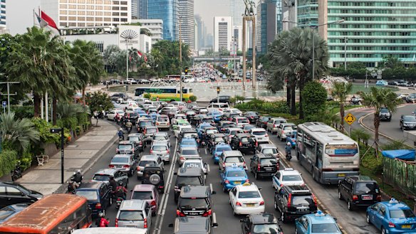 Heavy traffic sits during the afternoon rush hour in central Jakarta.