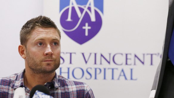 “We’re devastated”: Michael Clarke pauses before reading a statement on behalf of the Hughes family on November 27, 2014, the day Hughes died.