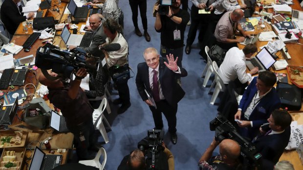 Treasurer Scott Morrison speaks with members of the media during the budget lock-up.