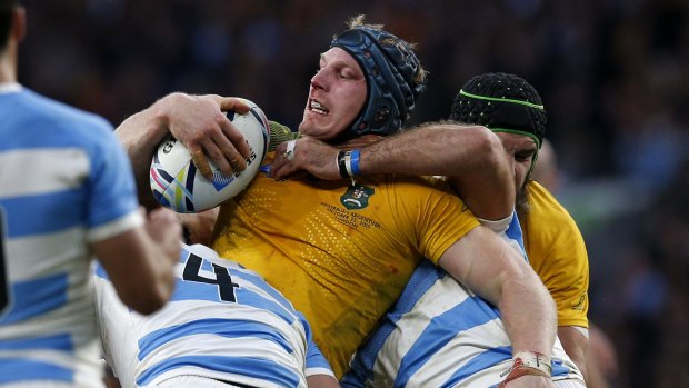 Handful: David Pocock was in the thick of it as the Wallabies reached the final of the 2015 Rugby World Cup.