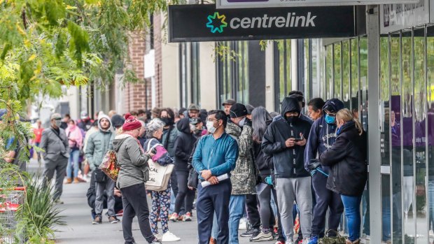 The pandemic-induced job losses led to massive queues outside Centrelink offices in March.