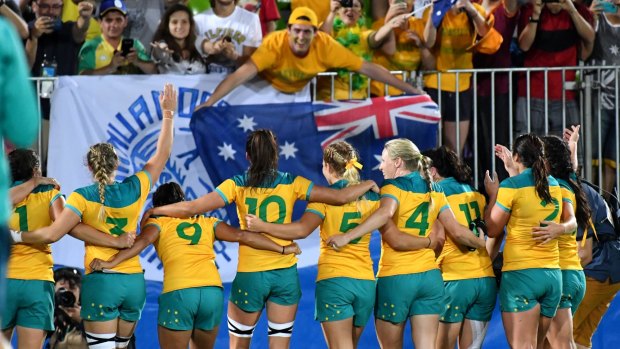 Australia's women's rugby sevens team celebrates gold in Rio.