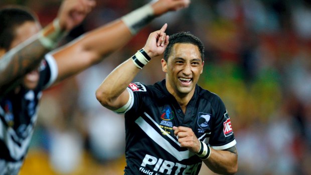 Glory days: Benji Marshall and his New Zealand teammates celebrate victory in the World Cup final in 2008,
