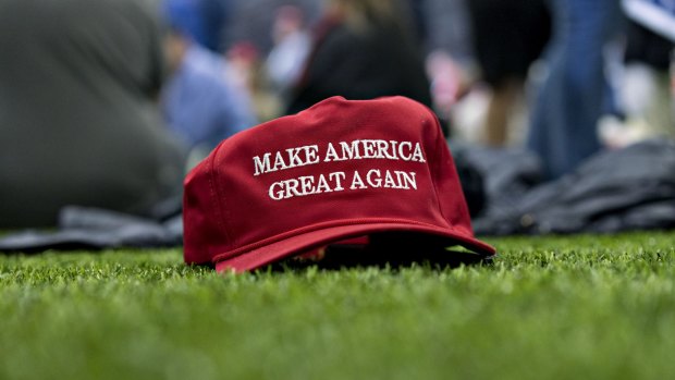 Trump's motto on a hat at one of his rallies in 2018.