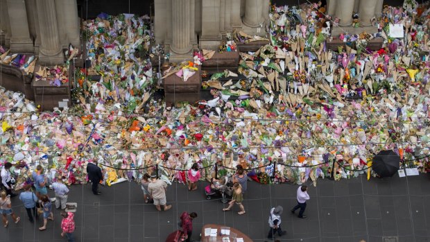 The makeshit floral tribute to the Bourke Street victims.