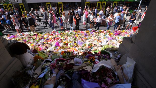 The floral tributes to the victims of the 2017 Bourke Street Mall rampage.