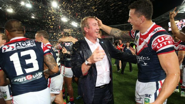 Good times: Roosters coach Trent Robinson and Sonny Bill Williams celebrate the 2013 premiership win over Manly. 
