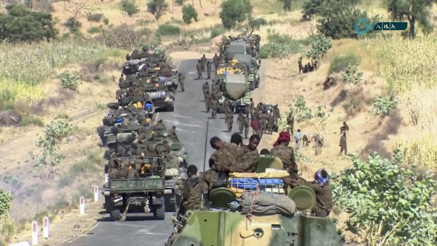 The Ethiopian military gathered on a road in an area near the border of the Tigray and Amhara regions of Ethiopia earlier this month.
