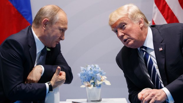 Vladimir Putin and Donald Trump meeting in Hamburg, Germany, on July 7, 2017.