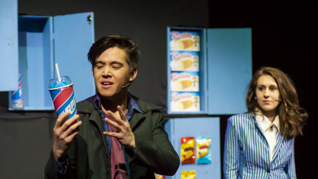 Will Huang ( J.D.), left,  and Belle Nicol (Veronica Sawyer) in <i>Heathers the Musical</i>.