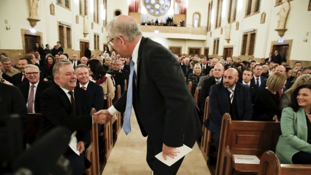 Opposition Leader Anthony Albanese and Prime Minister Scott Morrison during an ecumenical service to commemorate the opening of the 46th Parliament, at St Christopher's Cathedral in Canberra last week.
