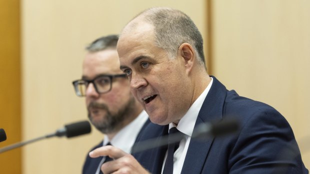 ABC Managing Director David Anderson (foreground) during a Senate estimates hearing in May.