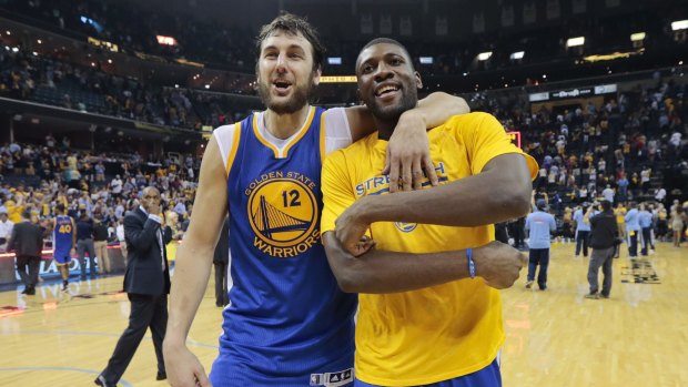 Halcyon days: Andrew Bogut celebrates with Festus Ezeli after the Warriors beat the Memphis Grizzlies in the playoffs in 2015.