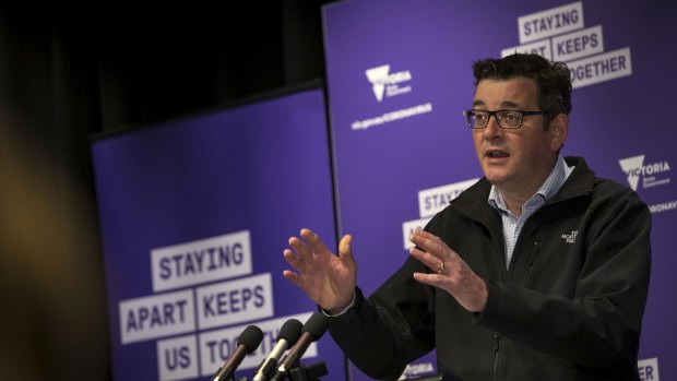 Premier Daniel Andrews addresses the media on Saturday.