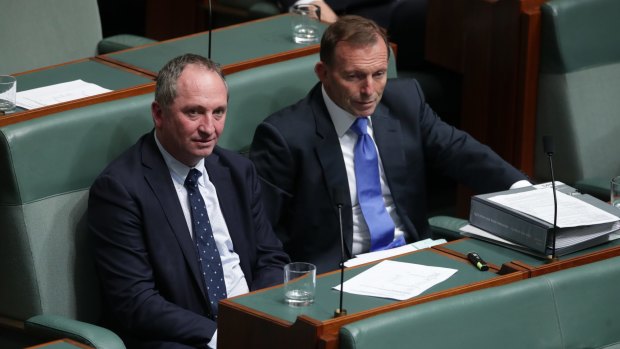 Barnaby Joyce and Tony Abbott in Parliament in August 2017.