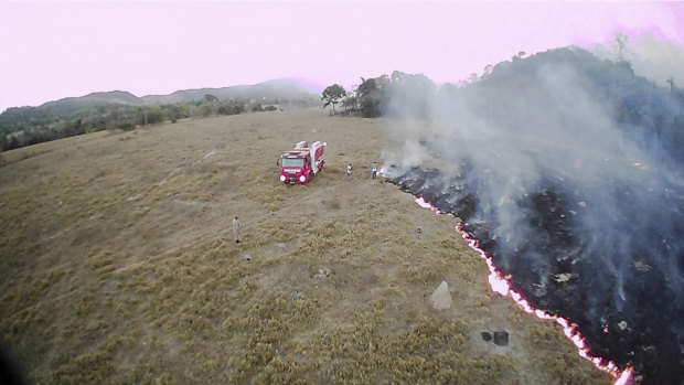 A drone photo shows bush fires burning in Mato Grosso state, Brazil. 