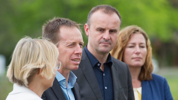 ACT  Greens members Caroline Le Couteur and Shane Rattenbury with Labor Chief Minister Andrew Barr and ACT Labor deputy Yvette Berry in happier times. The Greens have broken rank to raise concerns about the CTP being pushed by Labor. 
