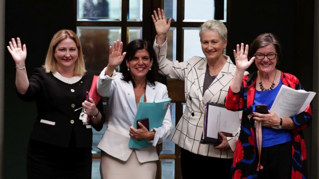 Crossbench MPs Rebekha Sharkie, Julia Banks, Kerryn Phelps and Cathy McGowan in the lower house earlier this month.