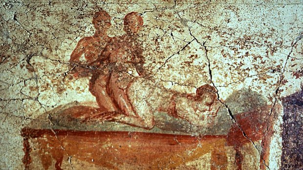 An erotic fresco in the restored public bath of the ancient Roman city of Pompeii.