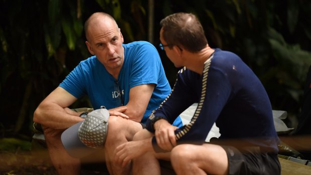 British divers Richard Stanton, left, and John Volanthen at the base camp for the rescue operation last week.