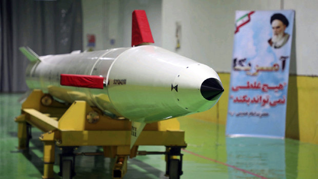 A Dezful surface-to-surface ballistic missile is displayed in an undisclosed location in Iran.