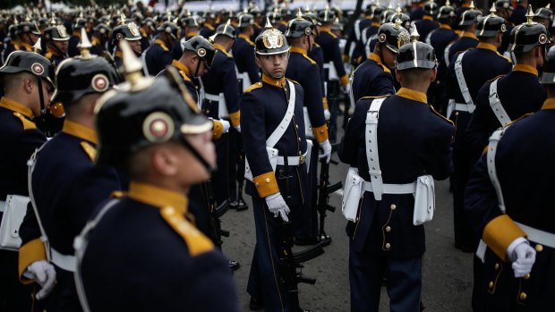 Soldiers wait to march during the Colombian Independence Day military parade in Bogota on Friday, the same day of the new Congress.