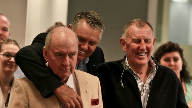 2GB radio presenters Alan Jones and Ray Hadley pictured with then owner John Singleton celebrating their radio ratings success at Pyrmont in 2016.