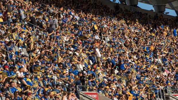 Sea of blue and gold: Parramatta fans turned out in huge numbers at Bankwest Stadium.
