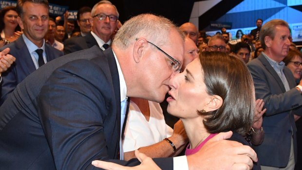 Prime Minister Scott Morrison and  Premier Gladys Berejiklian at Liberal's launch.
