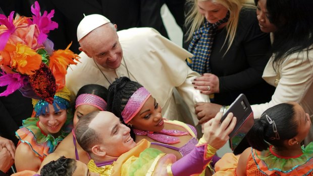 Pope Francis with members of Circus of Cuba, during his weekly general audience at the Vatican.