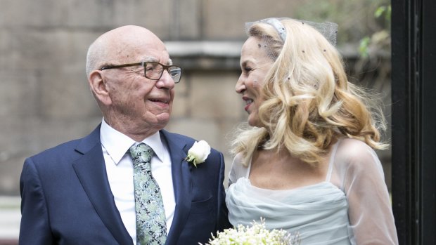 Rupert Murdoch and Jerry Hall leaving St Brides Church after their wedding on March 5, 2016 in London.